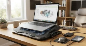 Laptop cooling pad for 17-inch devices featuring integrated USB hub ports for convenient peripheral connectivity.
