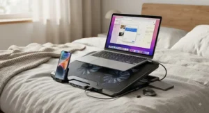 A multifunctional laptop cooling pad for bed equipped with a built-in smartphone stand and USB hub.