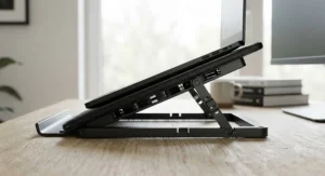 Side view of the best laptop cooling pad showing multiple ergonomic height adjustment angles for comfortable typing.