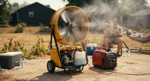 A heavy-duty outdoor misting fan used during severe summer heatwaves and power outages.