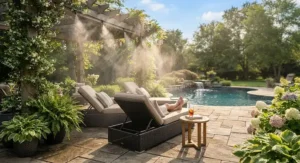 A backyard oasis featuring a low pressure misting kit creating a fine cooling mist over lounge chairs.