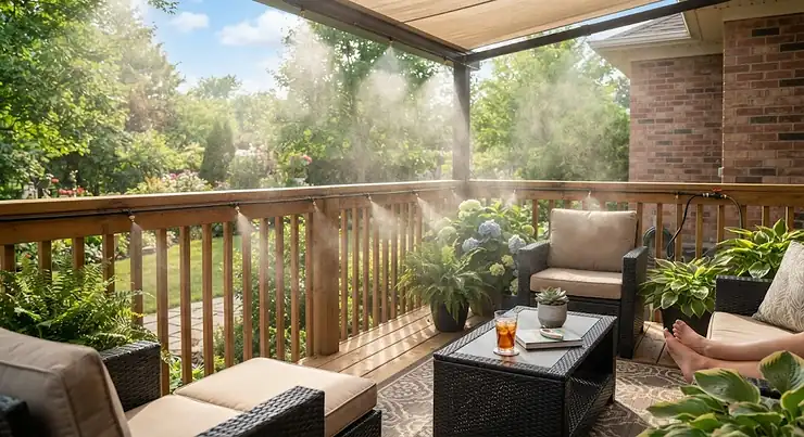A residential patio cooled by a low pressure misting kit installed along a deck railing.