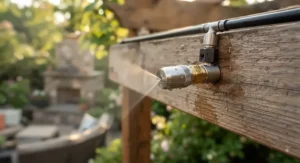 Detail view of a sleek, modern misting nozzle for a patio cooling system attached to a wooden beam.