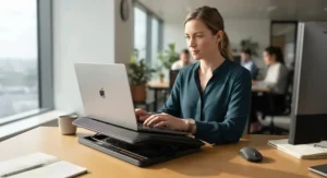 An office professional typing on a laptop elevated by a quiet laptop cooling pad.