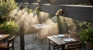Close-up illustration of brass mist nozzles distributing fine water vapor over patio dining tables.