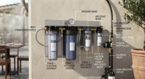 Diagram showing the water filtration and anti-scale components of a restaurant misting system.