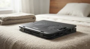 A lightweight and portable laptop cooling pad for bed folded up for easy storage and travel.