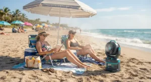 Beachgoers relaxing under an umbrella next to a portable misting fan on the sand.