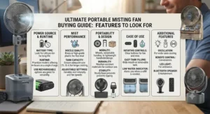 Infographic detailing key features to look for when buying the best portable misting fan.