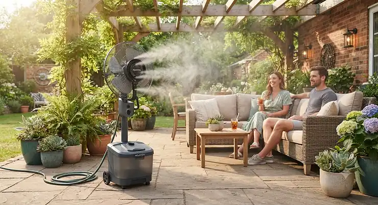 A portable misting fan cooling an outdoor patio space on a hot summer afternoon.