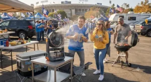 Compact portable misting fan being used during a tailgating party in a parking lot.