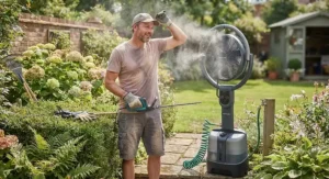 Homeowner staying cool with a portable misting fan while doing yard work in the garden.