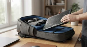 Slim and portable gaming laptop cooling pad being packed into a backpack for travel