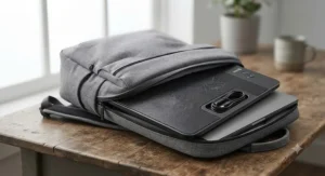 A slim and portable quiet laptop cooling pad half-inserted into a travel backpack.