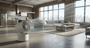 A powerful whole-room best air circulator fan pushing air across a large open-concept apartment.
