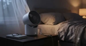 A quiet best air circulator fan running on a nightstand in a cozy bedroom during warm summer nights.