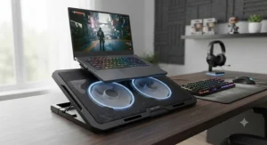 Quiet gaming laptop cooling pad featuring dual high-speed fans and blue LED lighting