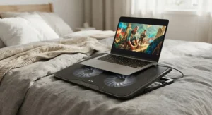 A metal mesh laptop cooling pad for bed featuring quiet fans to prevent overheating while streaming movies.