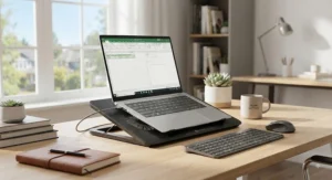 A quiet USB laptop cooling pad supporting a laptop in a bright, organized home office workspace.