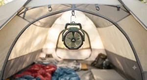 A rechargeable battery fan for camping hanging from the ceiling of a family tent during a summer trip.