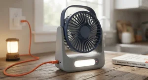 A rechargeable emergency fan for power outage being charged with a USB cable.