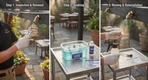 Step-by-step illustration showing maintenance procedures for cleaning restaurant patio mist nozzles.