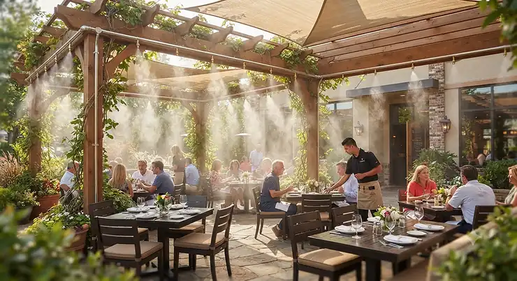 Illustration showing a complete restaurant patio misting system installed along an outdoor dining pergola.