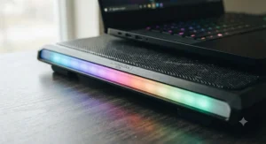 Detailed shot of customizable RGB LED light strips on the edge of a top-rated best laptop cooling pad.