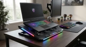 A gaming laptop resting on a quiet laptop cooling pad with vibrant RGB lighting.