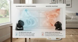 Graphic showing how an air circulator helps distribute heating and air conditioning throughout the home year-round