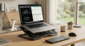 Ultra-quiet laptop cooling stand designed for 17-inch screens, perfect for home office and quiet work environments.