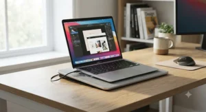 A sleek, portable best laptop cooling pad plugged into a MacBook in a modern home office setup.
