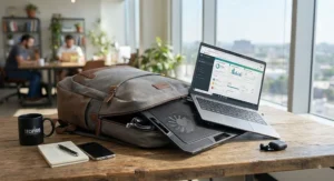 A slim, portable USB laptop cooling pad partially slid out of a travel backpack, ideal for remote work and students.