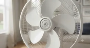 Close-up of wide fan blades built for direct personal cooling