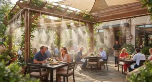Illustration of happy customers enjoying outdoor summer dining cooled by an overhead misting system.