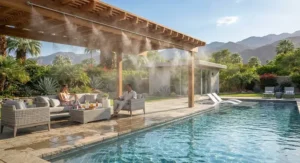 Modern poolside area equipped with a high pressure misting system for heat relief