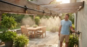 Illustration showing fine water spray coming from nozzles during the initial test of a DIY patio misting system.