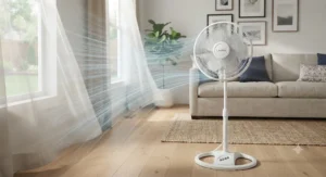 Diagram showing the gentle, direct breeze airflow pattern of a standard household fan