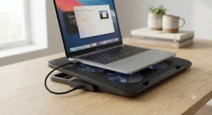 A USB-powered best laptop cooling pad connected to a notebook computer, showcasing easy plug-and-play functionality.