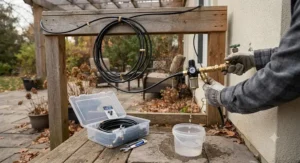 Illustration showing how to disconnect and drain a DIY patio misting system to prevent winter freeze damage.