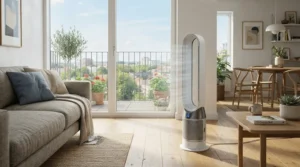 A powerful tower air circulator pushing cool air across a warm apartment to assist the air conditioner.