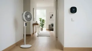 An energy-efficient air circulator paired with a smart thermostat and AC unit to reduce power consumption.