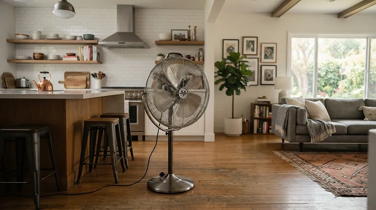 A heavy-duty air circulator circulating conditioned air through an open-concept kitchen and living area. air circulator to help AC