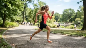 An athlete wearing a cooling bandana while running outdoors in the summer heat