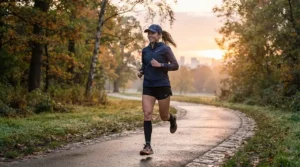 Runner wearing a cooling baseball cap during a morning jog in the park.