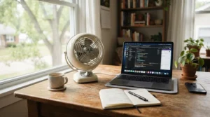 A compact desk air circulator working alongside central AC to maintain a comfortable temperature in a home office.