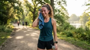 An active woman taking a refreshing break with cooling products for hot flashes after exercising outdoors.