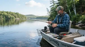 An angler wearing the best cooling hat while fishing from a boat on a calm sunny lake.