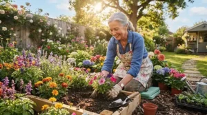 An older adult wearing the best cooling hat while planting flowers in a vibrant backyard garden.
