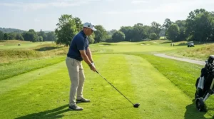 A golfer wearing the best cooling hat on a bright green golf course fairway under clear skies.